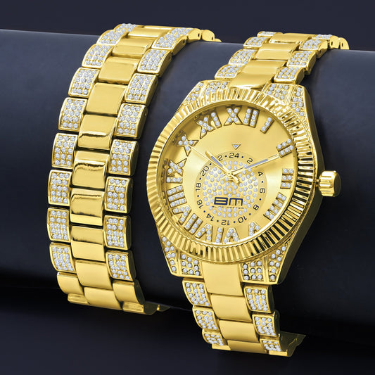 Alaskan Ice Gold Watch & Bracelet Set - Fully Iced