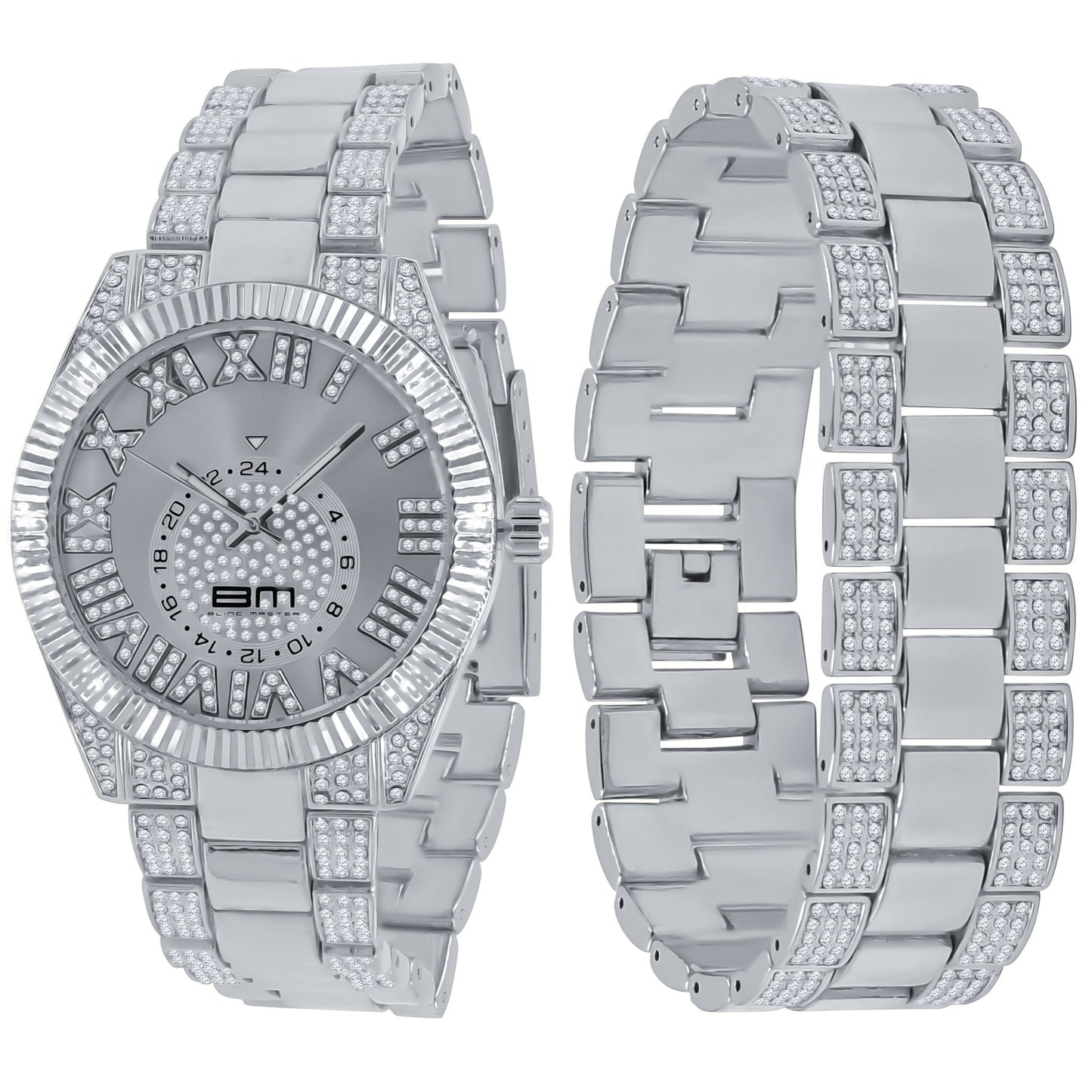 Alaskan Ice Silver Watch & Bracelet Set - Fully Iced Stainless Steel