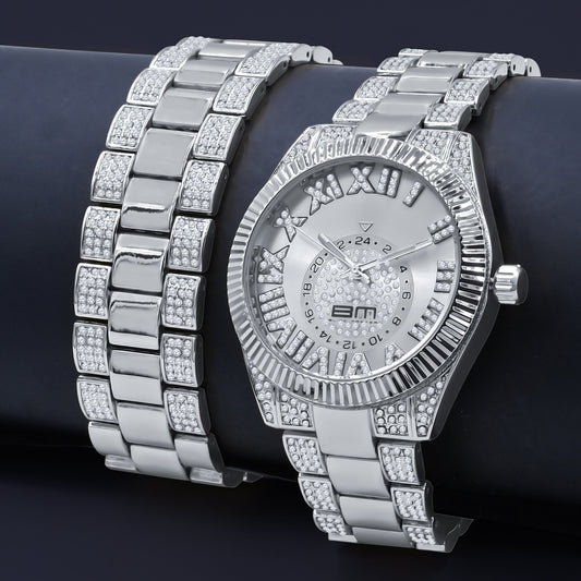 Alaskan Ice Silver Watch & Bracelet Set - Fully Iced Stainless Steel